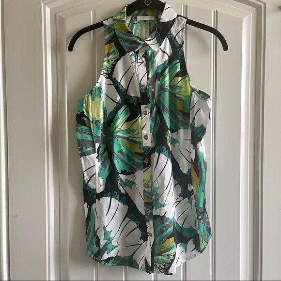 2/$22 New York & Company Green Floral Short Sleeve Button Up Top; SZ S; BNWT - Picture 1 of 7